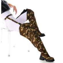 Load image into Gallery viewer, Callie Lives MIZ Azalea Wang Pop Out Rhinestone Camo Chap Flat Thigh High Boot
