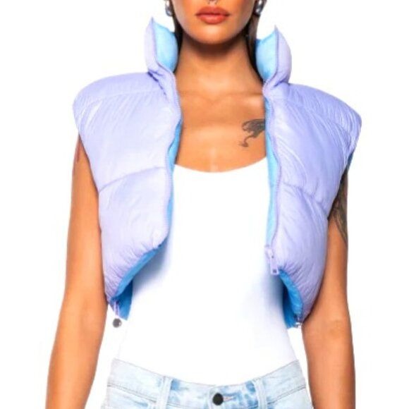 Callie Lives Stasia Said Reverse: Lilac Purple & Powder Blue Crop Puffer Vest XL