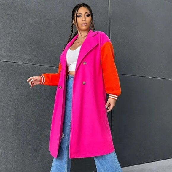 Callie Lives Oversized Varsity 2Face Pink & Orange Trench Coat Plus Size 3X