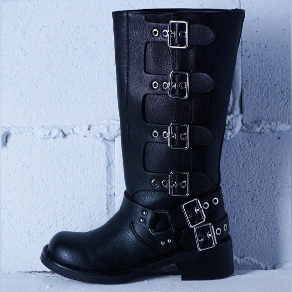 Callie Lives Miz AZALEA WANG Buckled Up Black Riding Bootie 7