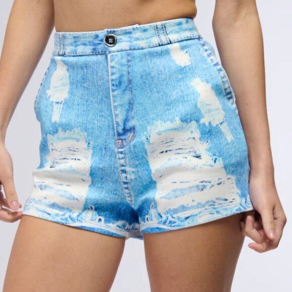 Callie Lives Graphic Denim High Waist Blue & White Shorts L