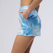 Load image into Gallery viewer, Callie Lives Graphic Denim High Waist Blue &amp; White Shorts L
