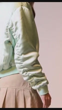 Load and play video in Gallery viewer, Callie Lives Miz Azalea Wang Arizona Mint Green Tea Satin Bomber Jacket
