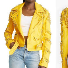 Ladda upp bild till gallerivisning, Callie Dreaming Azalea Wang Yellow Winter: Gold Spiked Moto Jacket L
