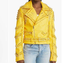 Ladda upp bild till gallerivisning, Callie Dreaming Azalea Wang Yellow Winter: Gold Spiked Moto Jacket L
