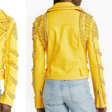 Ladda upp bild till gallerivisning, Callie Dreaming Azalea Wang Yellow Winter: Gold Spiked Moto Jacket L
