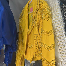 Ladda upp bild till gallerivisning, Callie Dreaming Azalea Wang Yellow Winter: Gold Spiked Moto Jacket L
