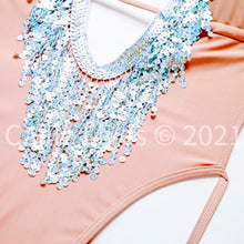 Load image into Gallery viewer, Callie Dance: Blush Nude Pink w Silver Sequin Fringe Disco Monokini Swimsuit

