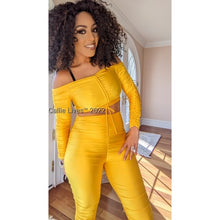 Load image into Gallery viewer, Wholesale 2 Pack: Stasia Sunshine: Golden Yellow Shiny Scrunch Butt Bodycon Drawstring Set
