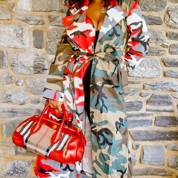 Miz Camo: Multicolor Army Fatigue Open Belted Long Duster Trench Coat L/XL
