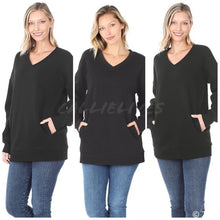 Load image into Gallery viewer, Wholesale 3Pack: Miz Black: Pockets Cozy Pullover VNeck Sweatshirt
