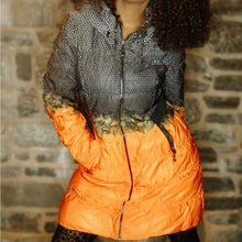 Load image into Gallery viewer, Miz Winter Puffer: Dotted Ombre Orange Drawstring Collar Long Coat L/XL
