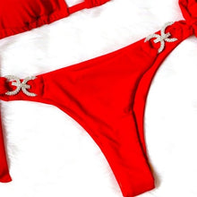 Load image into Gallery viewer, Wholesale 3 Pack: Callie Pave Exquisite: Rhinestone &amp; Silver Accent Red Side Tie Bikini
