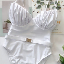 Load image into Gallery viewer, Callie Pleats Please: White Demi Cup Corset Belted Swimsuits 3 Pack S M L
