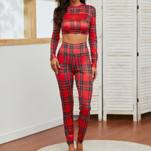 Load image into Gallery viewer, Wholesale 2 Pack: Stasia Berry: Red Plaid 2 Piece Mesh Crop Top Bodycon Skinny Pant Legging Set
