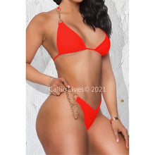Load image into Gallery viewer, Xena Ruched: Red &amp; Black Hot Tamale Gold Chain Tiny Bikini
