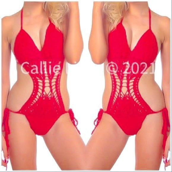Wholesale 2Pack: Callie Ruby Red: Crochet String Tied Monokini