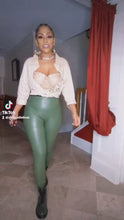 Load and play video in Gallery viewer, Wholesale 4 Pack: Miz Vegan Holiday: Olive Green Faux Leather Leggings
