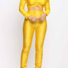 Load image into Gallery viewer, Wholesale 2 Pack: Stasia Sunshine: Golden Yellow Shiny Scrunch Butt Bodycon Drawstring Set
