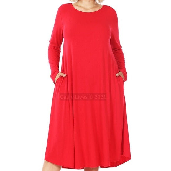 Wholesale 3 Pack: Elaine Flow Plus: Bright Red Crew Neck Midi Dress