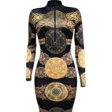 Load image into Gallery viewer, Wholesale 2 or 3 Pack: Xena Baroque: Gold Belt Printed Zip-up Black Bodycon Stretch Midi Dresses

