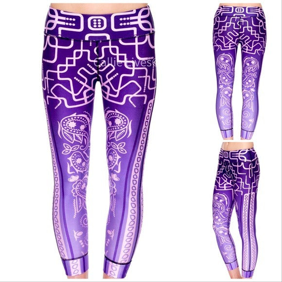 Wholesale 4 Pack: Callie Purple Maze: Pink Henna Tattoo Yoga Banded Waist Legging