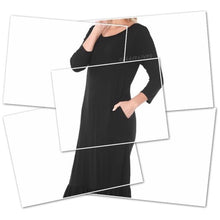Cargar imagen en el visor de la galería, WHOLESALE 4 PK: Elaine Ruffle: Black Maxi Midi Work Dress Pockets

