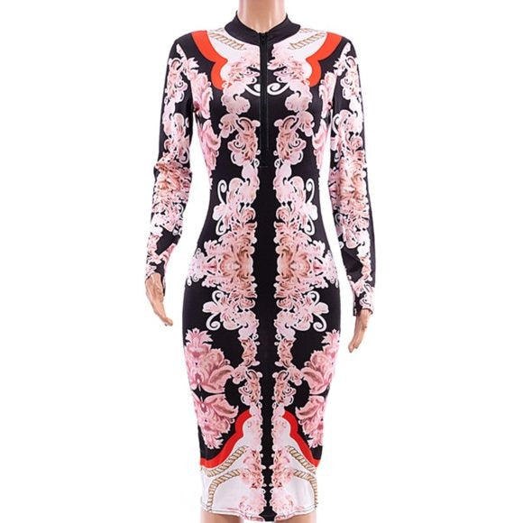 Wholesale 3 Pack: Callie Geisha: Cherry Blossom Sexy Stretch Bodycon Zip Up Midi Dress