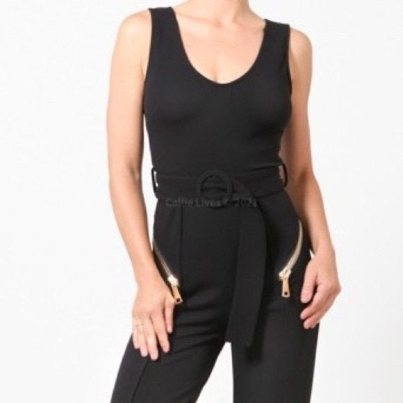 Wholesale 3 Pack: Callie Zip: Vintage Style Scoop Neck Sash Black Romper Jumpsuit