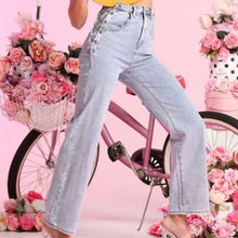 Load image into Gallery viewer, Wholesale 3 Pack: Callie Chained at the Hip: Silver Laced Light Blue Stretch Denim Wide Leg Jeans
