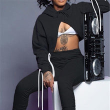 Load image into Gallery viewer, Wholesale 3 Pack: Callie Laced &amp; Ruched: Black Cut Out Cropped Hoodie &amp; Jogger Set
