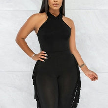 Load image into Gallery viewer, Wholesale 3 Pack: Callie Fringe: Black Bodycon Bodysuit &amp; Fring Stretch Pant Set
