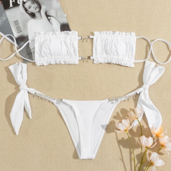 Wholesale 3 Pack: Stasia Booblicious White Dangling Rhinestone Charm String Bikini