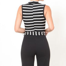 Cargar imagen en el visor de la galería, Wholesale 2 Pack: Elaine Deep Straits: Plunging Stripe Black Sash Flared Jumpsuit
