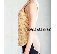 Load image into Gallery viewer, Elaine Le Fleur: Gold Foil Sheer Pink Hi-Lo Blouse, Tops, CallieLives 
