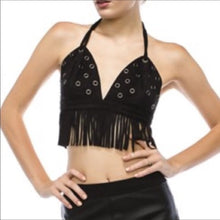 Load image into Gallery viewer, Xena Give Me Grommets: Black Fringe Halter Crop Top, Tops, CallieLives 
