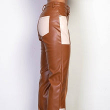 Lade das Bild in den Galerie-Viewer, Wholesale 3 Pack: Callie Contrast: Vegan Slacks Caramel Ivory Camel Color Block Leather Pants
