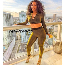 Load image into Gallery viewer, Wholesale 3 Pack: Callie Black Metallic Pinstripe Zip Crop Pant Set
