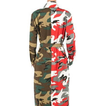 Load image into Gallery viewer, Miz Camo: Multicolor Army Fatigue Open Belted Long Duster Trench Coat L/XL
