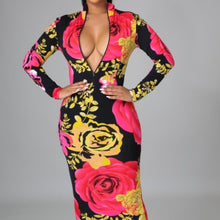 Load image into Gallery viewer, Wholesale 2 Pack: Callie Geisha: Pink Yellow Floral Sash Zip-up Bodycon Sexy Stretch Midi Dress ML
