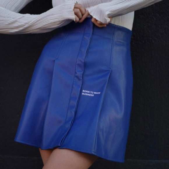 Wholesale 2 Pack: Stasia Vegan: Making Business Blue Pleated Button Up Faux Leather Skater Skirt