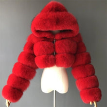 Load image into Gallery viewer, Stasia Rainbow: Fuzzy Faux Fur Cropped Puffer Jackets L XL
