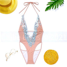 Load image into Gallery viewer, Callie Dance: Blush Nude Pink w Silver Sequin Fringe Disco Monokini Swimsuit
