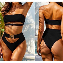 Load image into Gallery viewer, Callie Medallion: Black Trophy Chic Cut out Cami Bikini LARGE
