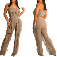 Load image into Gallery viewer, Callie Ruffled in the Nude: Sheer Mesh Strapless Crop Top Bodycon Pant Set M
