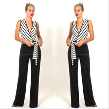 Load image into Gallery viewer, Wholesale 2 Pack: Elaine Deep Straits: Plunging Stripe Black Sash Flared Jumpsuit
