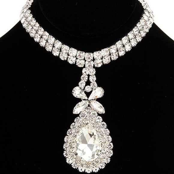 Wholesale 2Pack: Callie Teardrop Diamond: Large Rhinestone Crystal Bling Pave Silver Choker