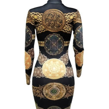 Lade das Bild in den Galerie-Viewer, Wholesale 2 or 3 Pack: Xena Baroque: Gold Belt Printed Zip-up Black Bodycon Stretch Midi Dresses
