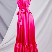 Load image into Gallery viewer, Wholesale 2 Pack: Callie Shining: Boho Chic Magenta Satin Loose Ruffle Hem Cami Strap Maxi Dress
