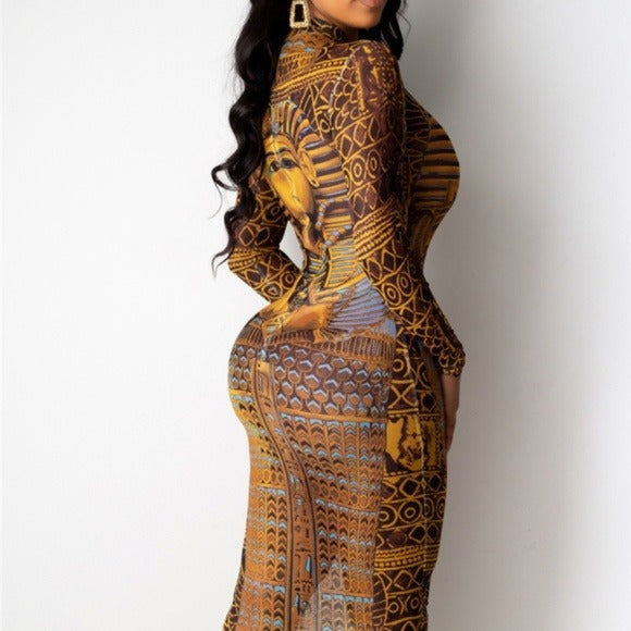 Xena Egyptian: Sheer Mesh Long Sleeve Maxi Coverup Dress Medium